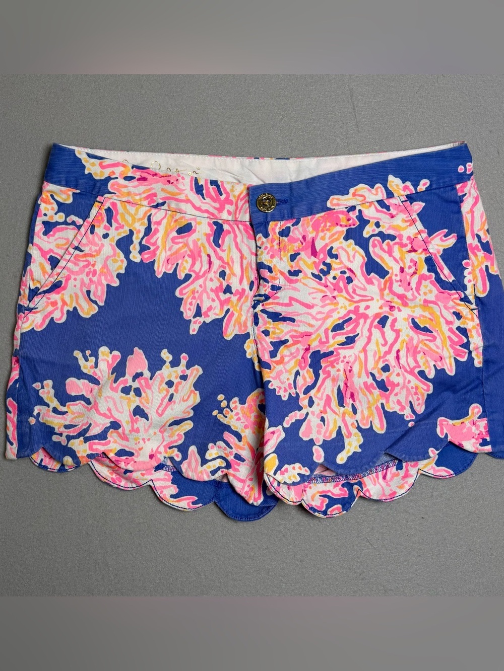 Lilly Pulitzer Buttercup Shorts Sz 6 Blue Hot Pink Coral Reef Scallop Tropical - Picture 2 of 8